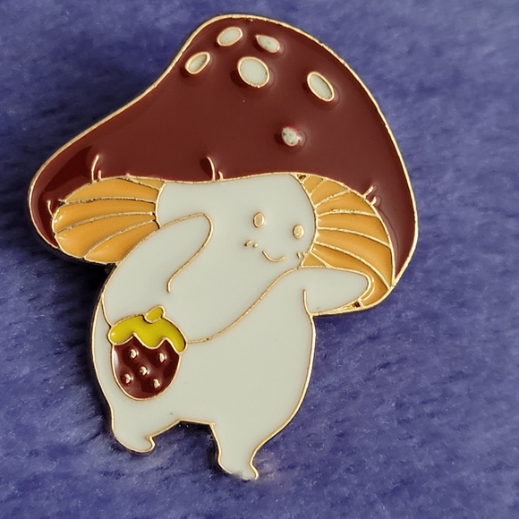 Adorable Smiling Mushroom Wearing A Strawberry Purse Enamel Pin - Picture 7 of 10